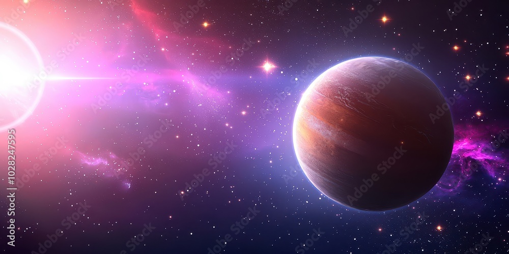 Poster galaxy and planet background with a large planet in the foreground, surrounded by star clusters and 