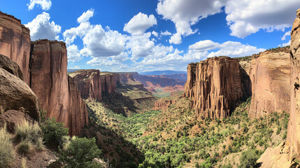 Fototapeta premium A panoramic view of a desert valley filled with dramatic cliffs.