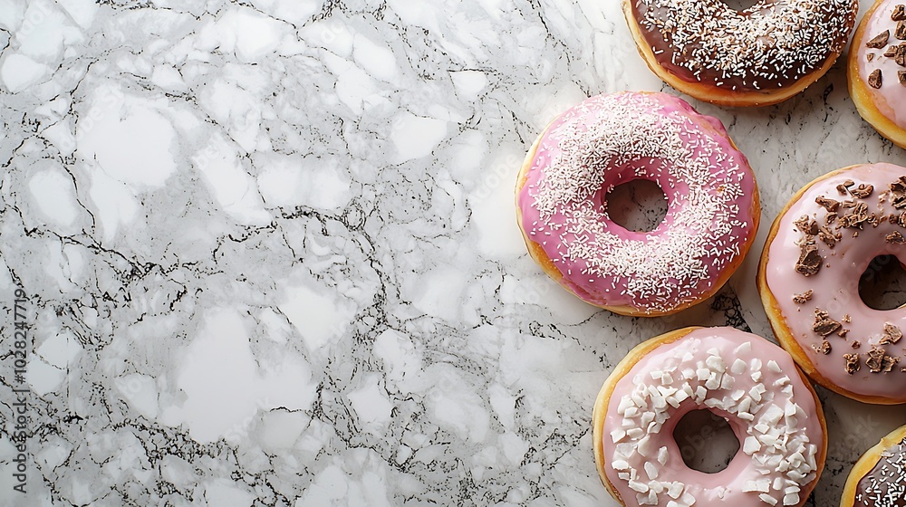 Poster assortment of donuts marble background close up : generative ai