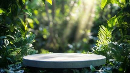 2408 71.A smooth concrete podium set in the midst of a tropical jungle, surrounded by blurred green leaves and plants. The surface is simple yet elegant, creating a perfect platform for product