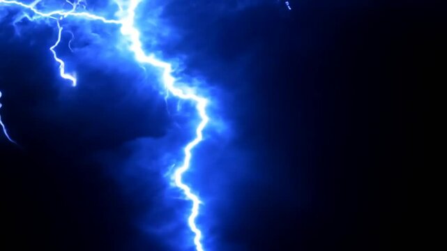 Blue Glowing Lightning Thunderbolt with black background. 4K