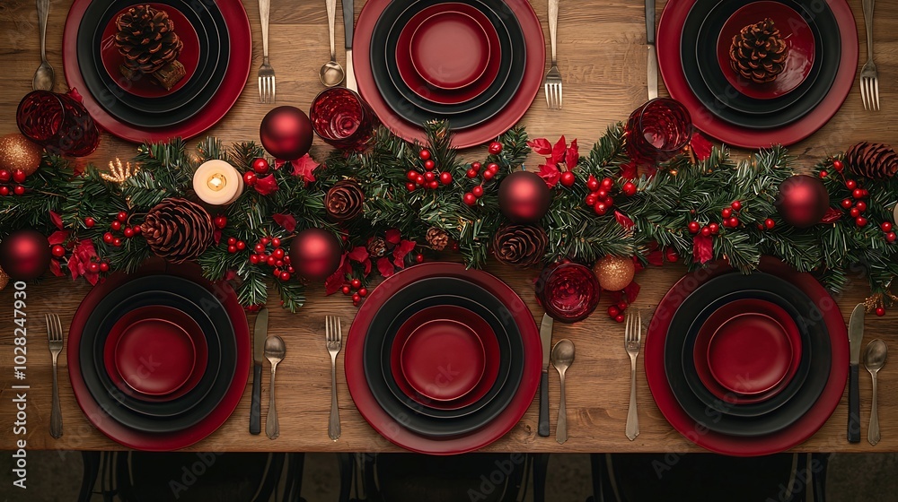 Aufkleber christmas new year celebration place table setting copy space top view : generative ai