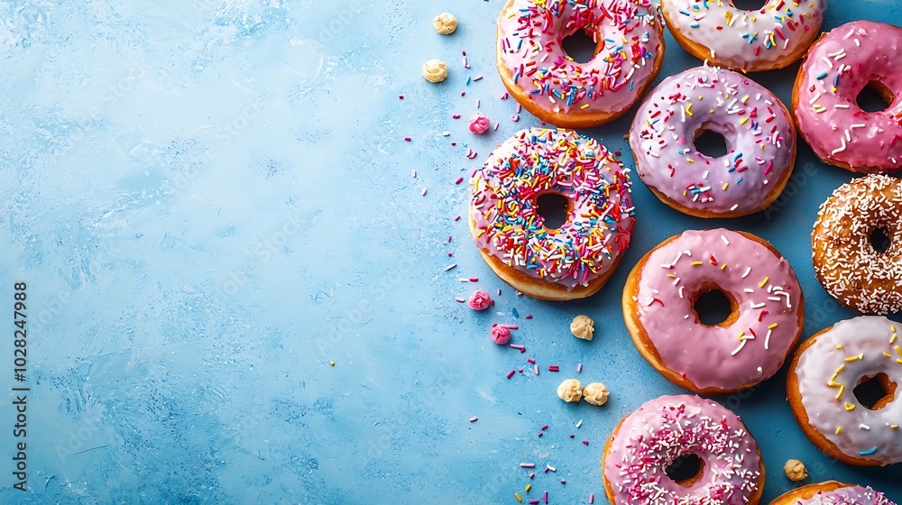 Poster assortment of donuts on blue background copy space top view : generative ai