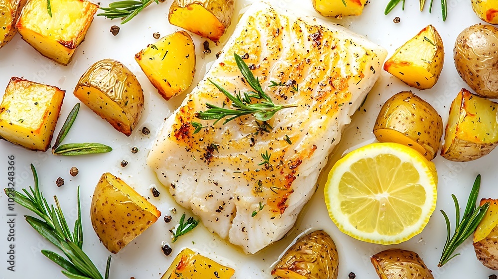 Aufkleber Roasted cod codfish with baked potatoes and artichokes with lemon and herbs sauce on a white background : Generative AI