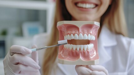 Smiling female dentist or dentist gives tooth brushing instructions to patient in bright dental clinic. She used a tooth model and a toothbrush.