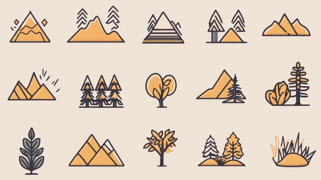 2408 20.A nature-themed vector icon collection, with icons representing forests, hills, and bodies of water. The line art is clean and flowing, with subtle details that bring each natural element to