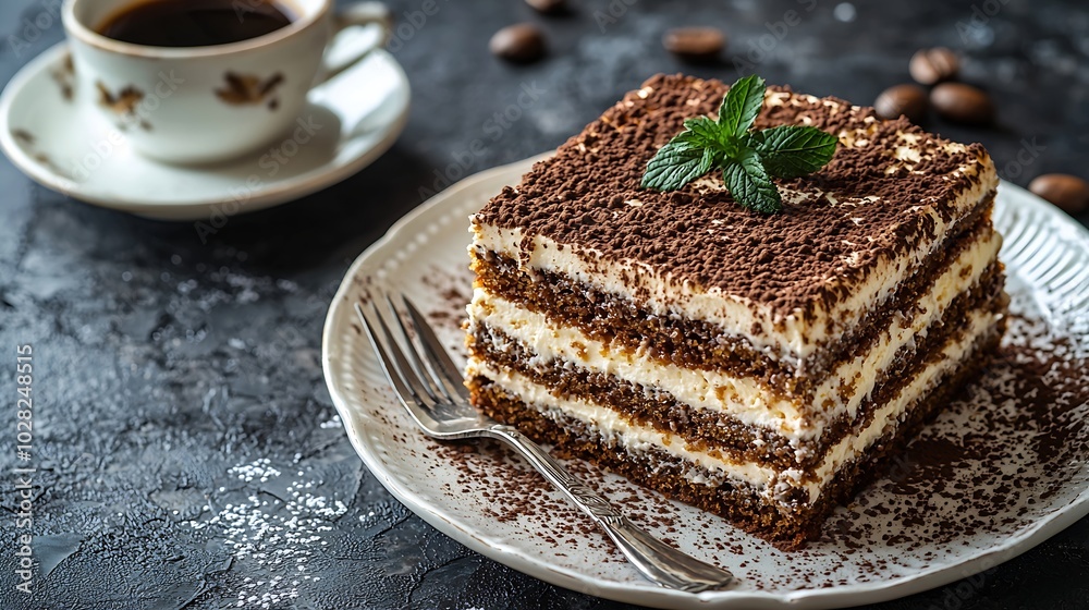 Poster traditional hungarian esterhazy cake torte with cup of coffee grey background copy space top view : 