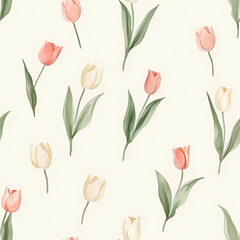 Obraz premium Minimalist watercolor tulips in soft pastel shades, gently scattered on a pale background, seamless repeat