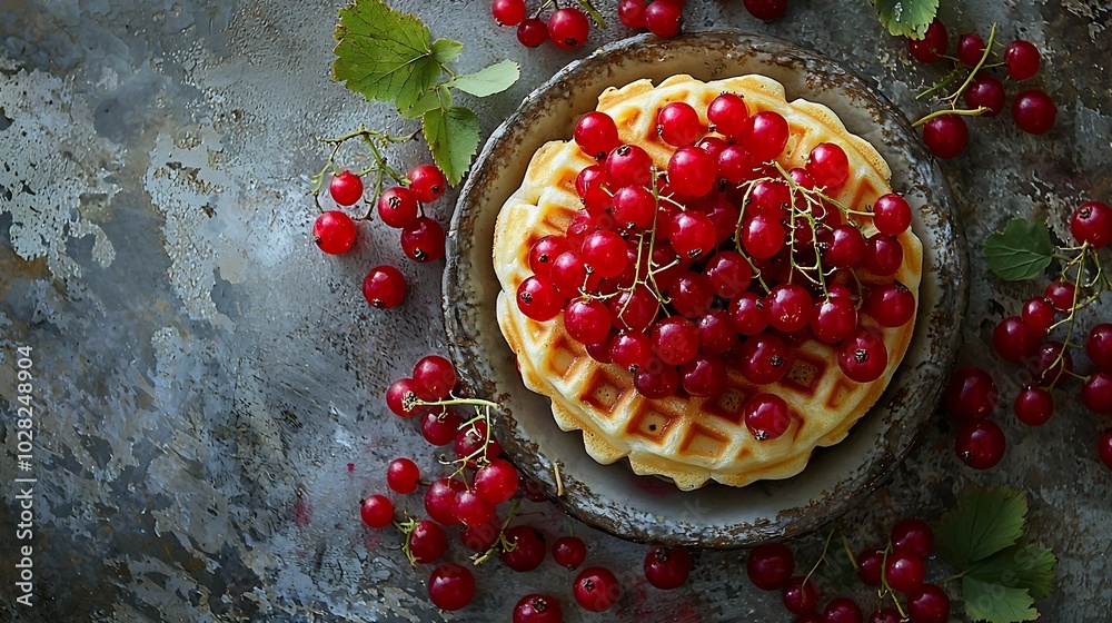Poster Belgian waffles with fresh red currant berries Grey background Top view : Generative AI