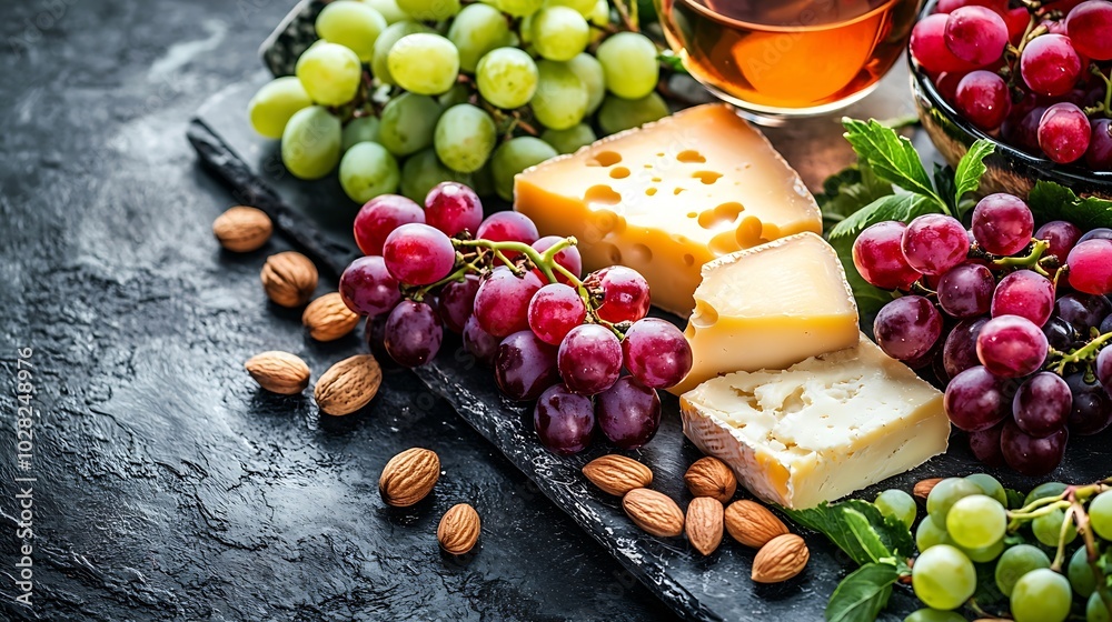 Poster Assortment of cheese with red wine honey nuts grape on a modern cutting board slate background : Generative AI