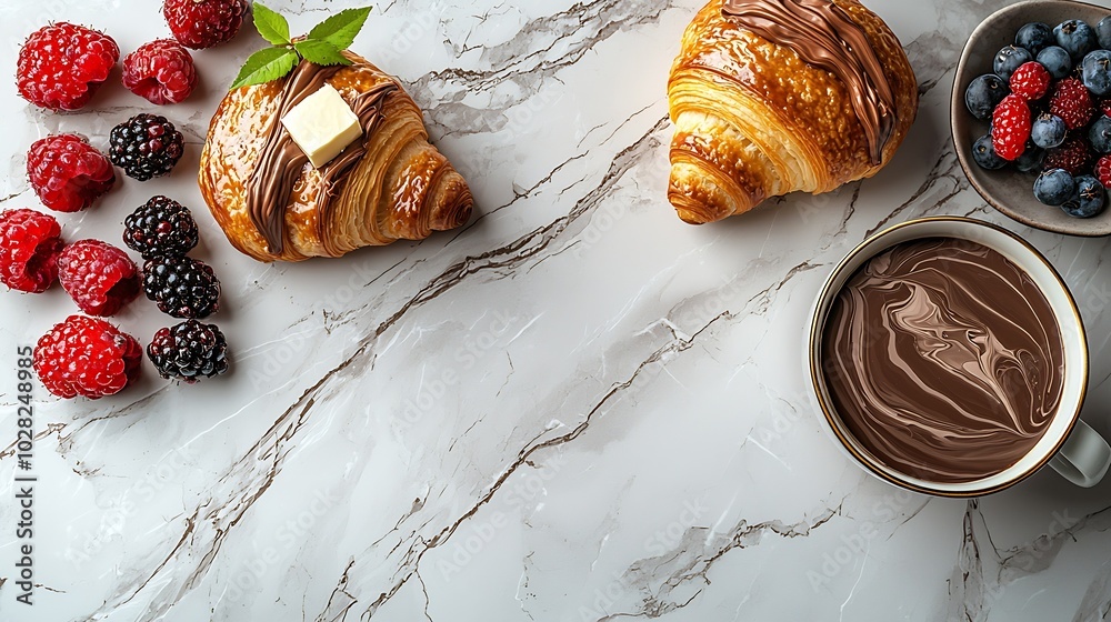 Poster croissant with fresh berries chocolate spread and butter with cup of coffee on a marble texture back