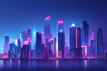 Obraz premium Neon-lit futuristic city skyline reflecting on the water.