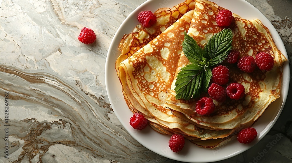 Poster Thin crepes with raspberry in white plate Marble background Top view : Generative AI
