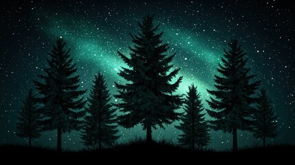 Silhouetted Pine Trees Under a Starry Sky with Aurora Borealis