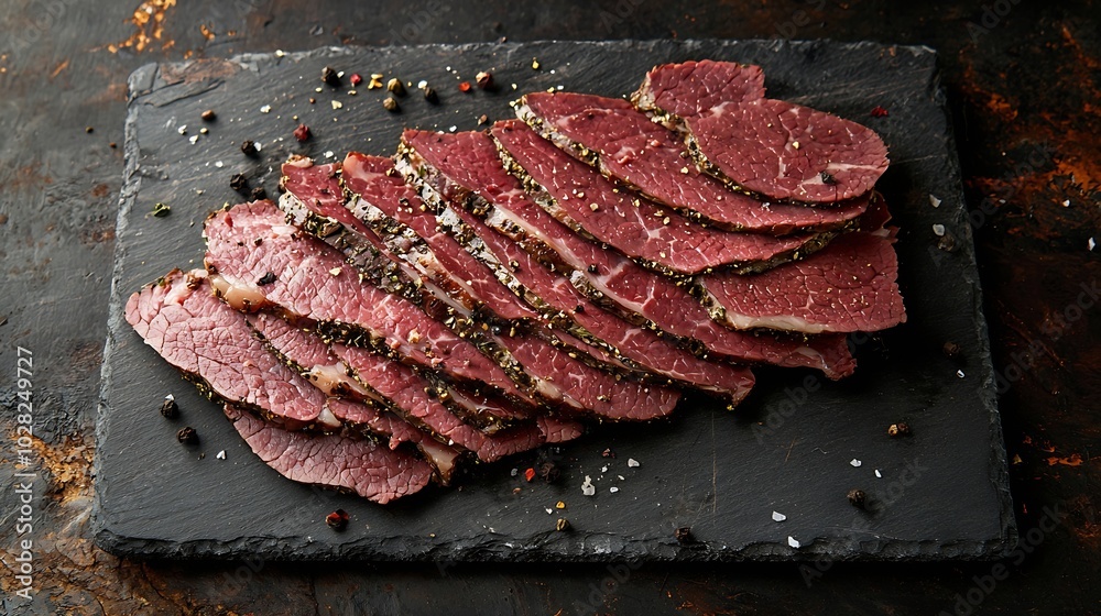 Poster roasted beef pastrami on slate cutting board top view copy space : generative ai
