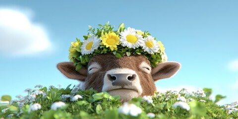 Cute Calf with Flower Crown in Meadow   Springtime Animal Portrait