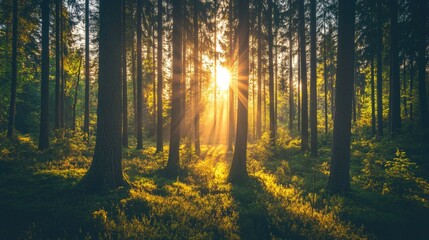 Obraz premium A serene forest with tall trees and warm sunbeams streaming through the canopy, creating a peaceful, calming nature scene