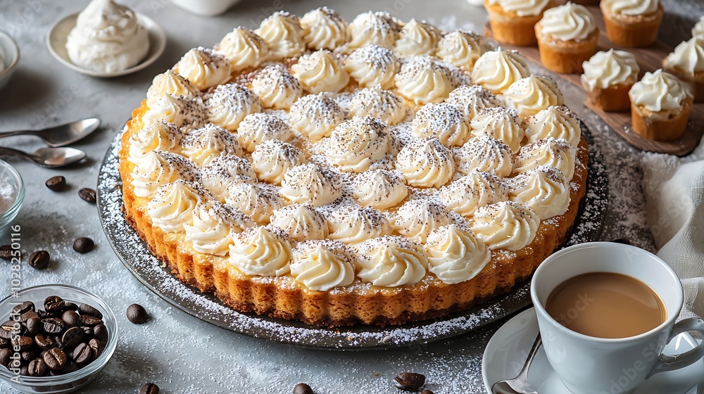 Poster traditional hungarian esterhazy cake torte with cup of coffee grey background copy space top view : 