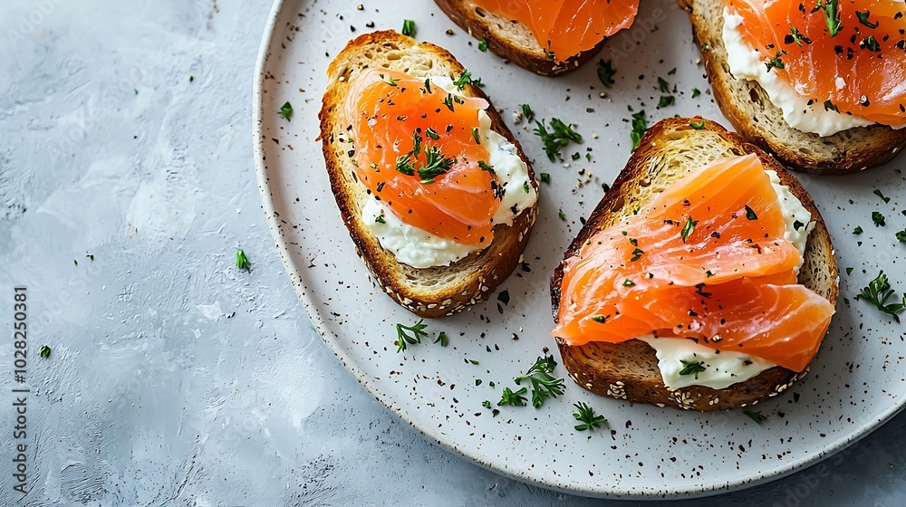 Poster sandwich toast with smoked salmon and cream cheese on plate with norwegian flag grey background top 