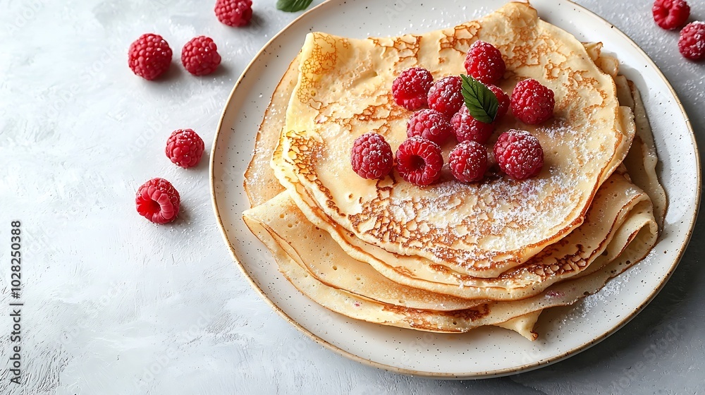 Poster Thin crepes with raspberry in white plate Marble background Top view : Generative AI