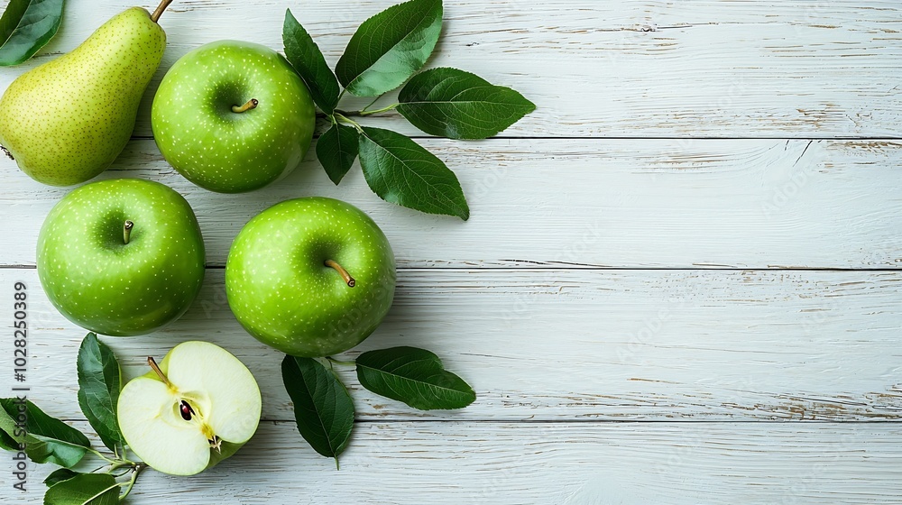 Poster green apples and pear on a white wooden background copy space : generative ai