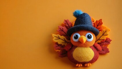 Fototapeta premium Cute Felt Turkey with Hat on Orange Background for Thanksgiving Spirit - High Resolution Minimalistic Photo