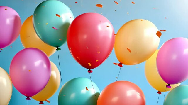 Colorful balloons float in the air, with confetti falling around them