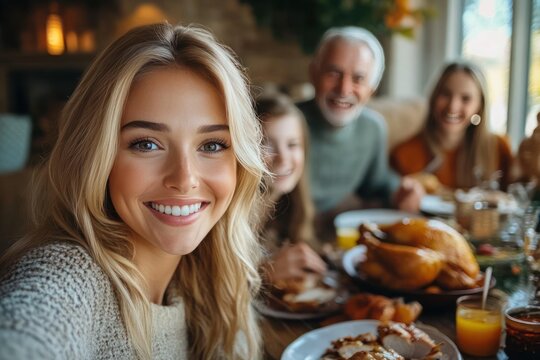 Autumn Family Reunion: Generations Share Joyful Dinner, Smiling Woman Takes Selfie in Modern Living Room Interior with Delicious Food - Real Photography