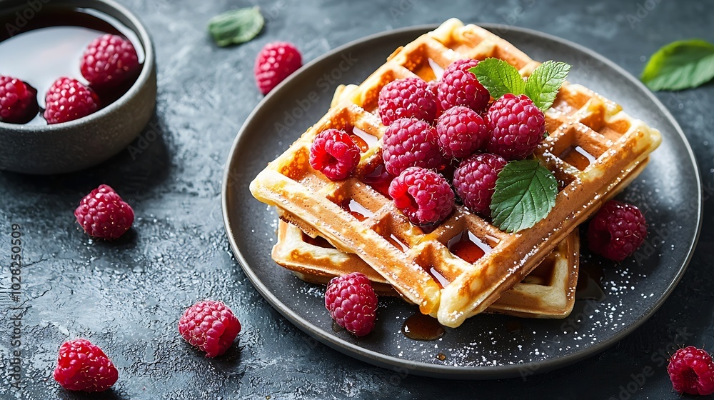 Aufkleber Belgian waffles with maple syrup and fresh raspberry Grey slate background Top view : Generative AI