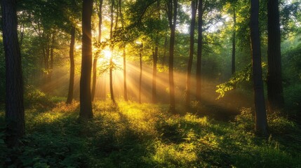 Obraz premium Sunbeams gently illuminating a serene forest with tall trees, casting soft light and creating a peaceful atmosphere