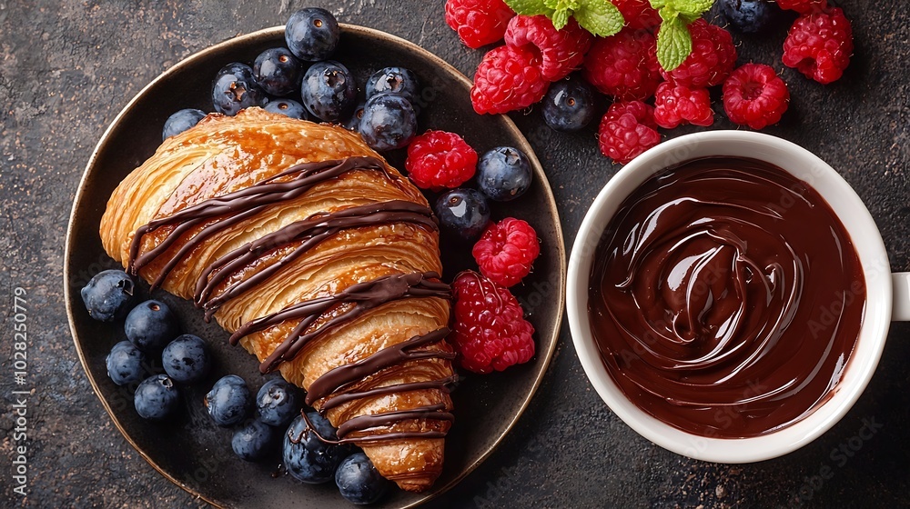 Poster croissant with fresh berries chocolate spread and butter with cup of coffee on a marble background t