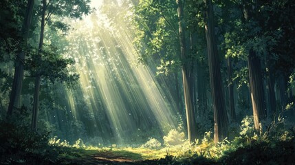Obraz premium Sunlight filtering through a dense forest of tall trees, casting beautiful beams of light and creating a calm, peaceful atmosphere