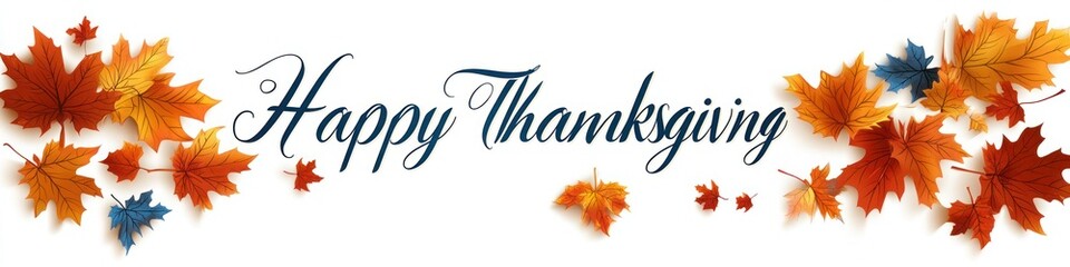 Happy Thanksgiving Calligraphy Lettering with Autumn Leaves Vector Graphics on White Background