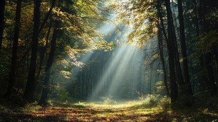 Naklejka premium A beautiful forest with tall trees and sunbeams filtering through the leaves, creating a serene and peaceful nature scene