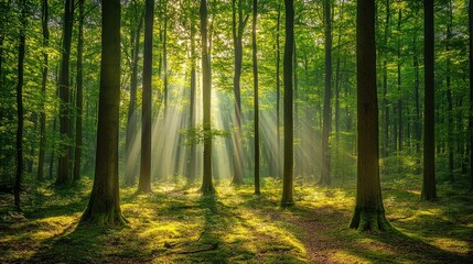 Obraz premium A beautiful forest with tall trees and sunlight filtering through the canopy, casting beams of light and creating a peaceful scene