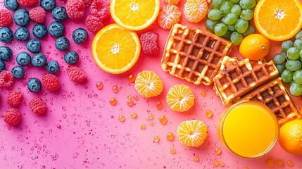 Assortment of rainbow waffles with orange juice Outdoor background Copy space : Generative AI
