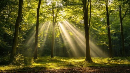 Obraz premium A peaceful forest landscape with tall trees and sunlight filtering through the leaves, casting beams of light and creating a calm atmosphere