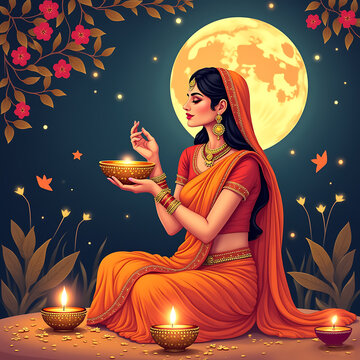 A woman in a sari This vector design showcases an Indian woman performing the Karwa Chauth festival