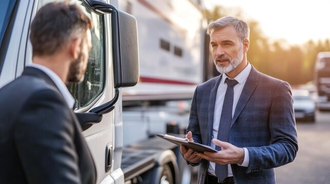 A transport truck insurance policy, with an agent discussing coverage options for trucking companies, ensuring protection for both the vehicle and cargo