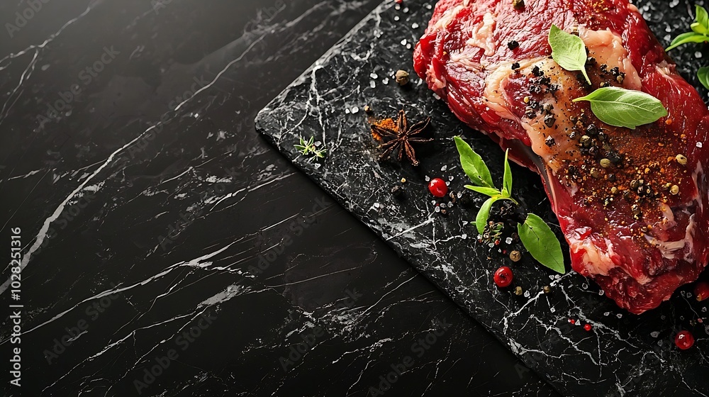 Poster raw lamb leg with spices and herbs on marble cutting board dark background copy space top view : gen
