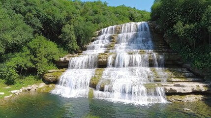 Majestic Cascading Waterfall in Lush Forest   Nature Landscape Photography