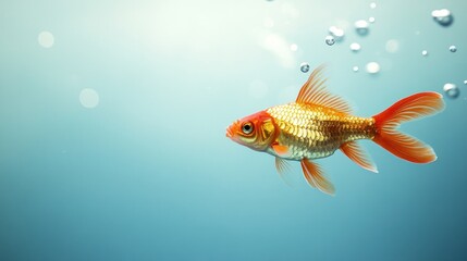 Fototapeta premium A Single Goldfish Swimming in a Blue Tank