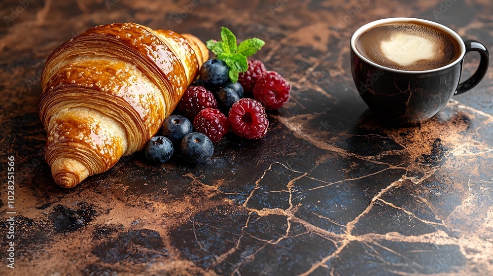 Poster croissant with fresh berries chocolate spread and butter with cup of coffee on a marble texture back