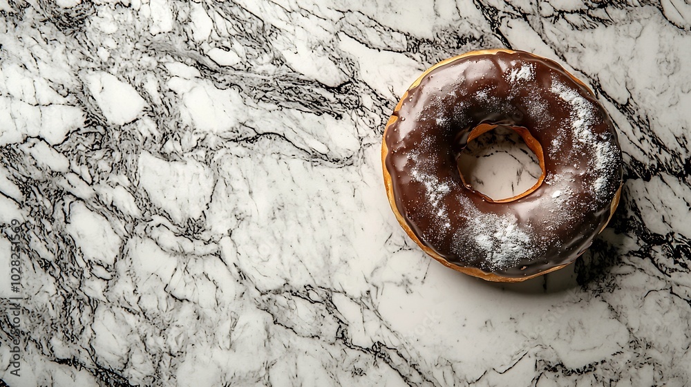 Poster Chocolate donut in marble table background Close up Top view : Generative AI