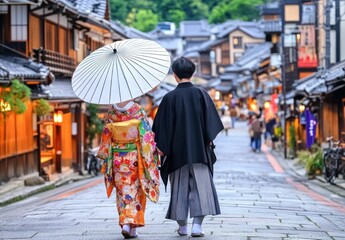 Traditional Japanese Couple Strolling Down Historic Street with Colorful Kimono and Black Haori Under White Paper Umbrellas