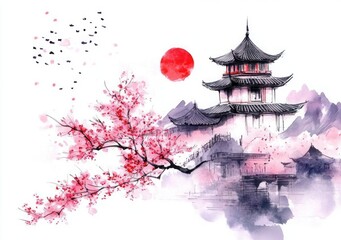 Chinese Cherry Blossom Architecture: Ink Painting Style with Watercolor Effect in Pink and Purple Tones on a White Background - Elegant, Delicate, and Artistic