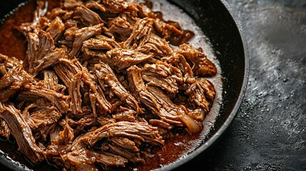 Beef shredded meat with sauce in black pan Grey background Close up : Generative AI