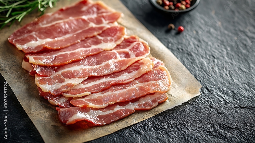 Poster Raw bacon slices on parchment paper Grey slate background Copy space Top view : Generative AI