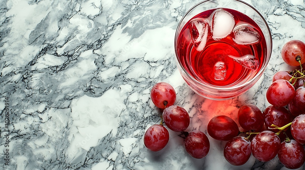 Fototapete red wine in glass with fresh grape on marble table background top view : generative ai