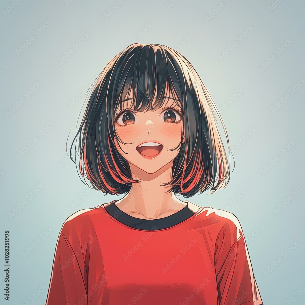 Canvas Prints A charming anime girl in a vibrant red tee, sporting a stylish red and black bob hairstyle, radiating joy with her smile.